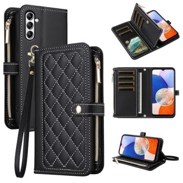 Imagem de Dswteny Capa carteira para Samsung Galaxy A14/M14 5G com alça de pulso flip zíper suporte suporte macio acessórios padrão Argyle capa para celular A 14 4G 14A 14M G5 mulheres meninas preta