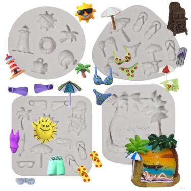 Imagem de Moldes de resina de silicone de praia oceano mini chinelo molde de fondant navios boias salva-vidas bandeiras molde de coqueiro para decoração de bolos de férias de verão cupcake topo de pasta de goma