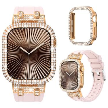 Imagem de NewWays Pulseira feminina de silicone para Apple Watch Série 10 Série 10 de 42 mm, design de luxo, diamantes brilhantes de 2 fileiras com adaptadores de metal para S10 iWatch