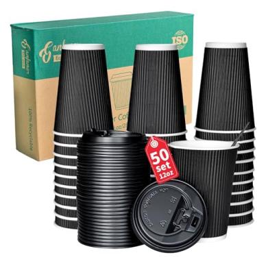 Imagem de ganfaner Xícaras de café descartáveis com tampa 340 g, copos quentes com tampas 3 camadas isoladas tamanho regular, xícaras de café gelado com tampas para bebida quente fria chocolate cacau [50