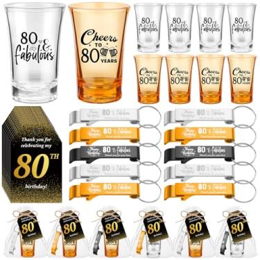 Imagem de Domensi 30 conjuntos de lembrancinhas de festa de aniversário de 80 anos para convidados, 2 estilos, óculos curtos de acrílico, 3 cores, abridor de garrafas, lembrança, etiquetas de agradecimento, com