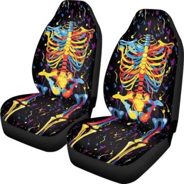 Imagem de Estampa de esqueleto de grafite colorido de Halloween, 2 peças, capas de assento de carro com estampa exclusiva, capa de assento frontal para carro, capas protetoras para assentos de carro, ajuste