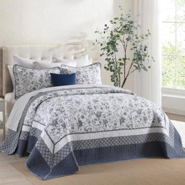 Imagem de SOElinens Colchas King extragrandes 128 x 120 extra largas - Conjunto de colcha floral botânica reversível California King, edredom fino, leve de 3 peças, 100% algodão, Cal King, azul esfumaçado