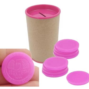 Imagem de Conjunto 6 Cofres 6x10cm + 60 Moedas de Mentira Brinquedo Educativo Kit Prendas Lembrancinhas Mimos Moedinhas (Rosa)