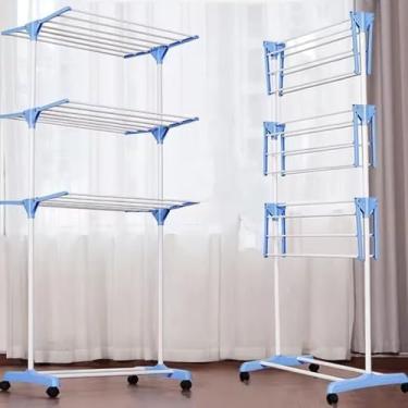 Imagem de Varal De Chão 3 Andares Dobrável Retrátil para Apartamento/Quitinete/Aço 4 Rodas Azul Capacidade até 50k.Facil de montar/Economia de espaço/Suporte para cabide seca sem amassar