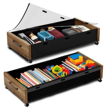 Imagem de KITHELP Armazenamento de madeira sob a cama com rodas, caixas de armazenamento extra grandes de 80 L sob a cama, pacote com 2 caixas com tampa removível, gavetas de metal sob a cama para roupas