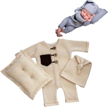 Imagem de Lgvhydh Macaquinho para fotografia de bebê recém-nascido, menino, menina, almofada para sessão de fotos com macacão, adereços de sessão de fotos para bebês (bege)