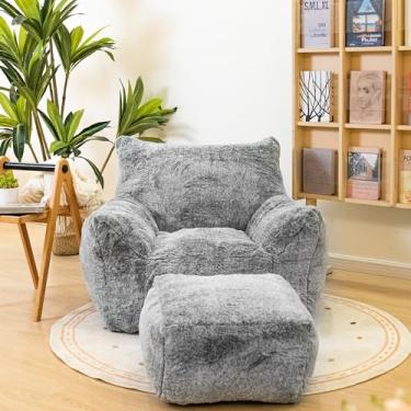 Imagem de Cvortll Cadeira pufe com pufe com otomano, apoio de braço, pufe com enchimento, cadeira de pufe de pele sintética ultramacia com descanso para os pés, sofá preguiçoso de pelúcia com banquinho para os