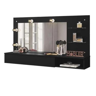 Imagem de Penteadeira Camarim Suspensa com Espelho, Iluminação LED, Prateleiras, Branca (Preto)