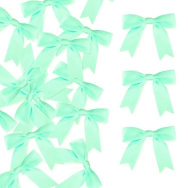 Imagem de Meseey 100 laços de fita de cetim pastel com laço torcido 6 cm pré-amarrados coloridos artesanais para cesta de embrulho, casamento, chá de bebê, festa do dia da Grã-Bretanha (Aqua)