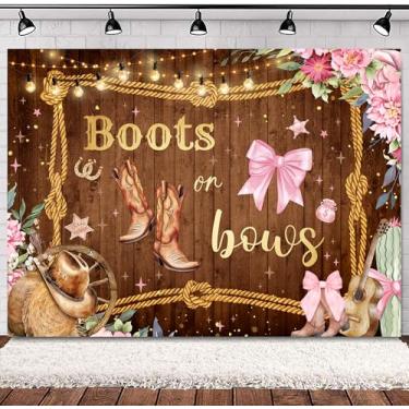 Imagem de SVBright Pano de fundo revelador de gênero para chá de bebê 7Wx5H Western Farm Country botas ou arcos flor chapéu de menino ou menina retro decorações rústicas fotografia fundo banner cabine de fotos