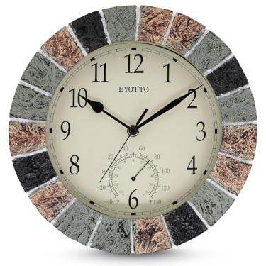 Imagem de eYotto Relógio de parede impermeável pequeno de 25,4 cm com termômetro silencioso, sem tique-taque, operado por bateria, à prova de intempéries para pátio, piscina, jardim, lanai, cerca, varanda, deck