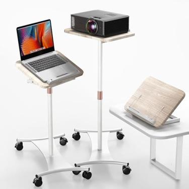 Imagem de Suporte para laptop giratório, piso e mesa de uso duplo 2 em 1, altura ajustável de 42 a 129 cm, com 4 rodízios bloqueáveis, mesa móvel pequena perfeita para casa, escritório, sala de reuniões, estudo