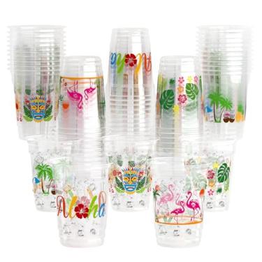 Imagem de YQUQWN 50 copos havaianos Luau 340 g descartáveis de plástico tiki copos de festa tropicais para decoração de festa na praia na piscina, flamingo, abacaxi, coco, verão, aniversário, aloha, festa