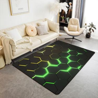 Imagem de Tapete 3D abstrato quadriculado 15 x 1,6 m amarelo verde neon luz geométrico hexágono tapete para adolescentes adultos moderno simples patchwork xadrez antiderrapante tapete para sala de estar sofá