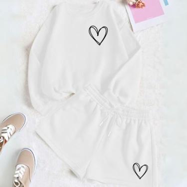 Imagem de Kit Com 2 Peças Short Feminino E Moletom GOLA CARECA Estamp Corações D