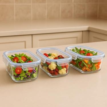 Imagem de KIT 3 Potes Vidros Retangulares Herméticos Marmitas Mantimentos 4 Travas 330 ML