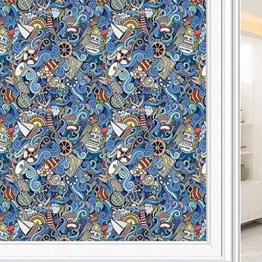 Imagem de Película de privacidade náutica para janela, padrão abstrato, conchas do mar, cavalo-marinho, corais, globo de peixe, mapas ondulados, filme de vidro para sala de estar, escritório em casa, L90 x C