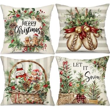 Imagem de DFXSZ Capas de almofada de Natal 45,7 x 45,7 cm conjunto de 4 luvas de Natal cesta de flores decorativas listras fronhas decoração de casa de fazenda de inverno para sofá de casa 134F18