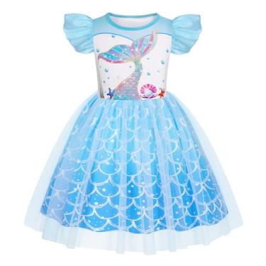 Imagem de HenzWorld Princess Dress for Toddler Kids Halloween Costume Short Flutter Sleeve Tulle Tutu Dress Costume Dress up for Girls Halloween Cosplay Theme Party Outfit Blue Scales Size 3T 4T 3-4 Years
