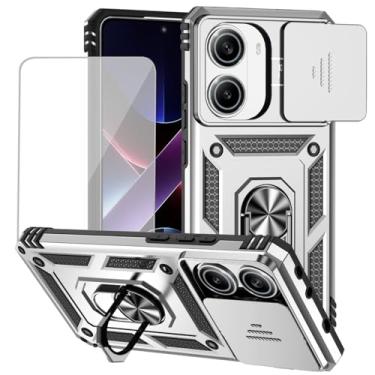 Imagem de Yodueiv Capa para Poco X7 Pro 5G com protetor de tela de vidro temperado e capa de câmera deslizante, anel magnético suporte suporte de carro capa protetora para Xiaomi Poco X7 Pro 5G prata