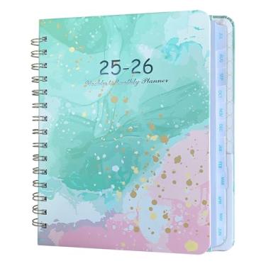 Imagem de Agenda mensal semanal 2025-2026, tamanho A5, 21,5 x 15,5 cm, 140 páginas, encadernação em espiral, design em aquarela com faixa elástica (verde e rosa)