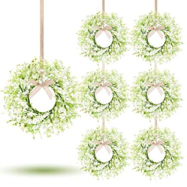 Imagem de 6 mini grinaldas para pendurar no hálito de bebê, anéis de vela de Gypsophila, suporte de pilar, guirlanda de flores artificiais primavera verão floral para casamento, casa de fazenda, armários de