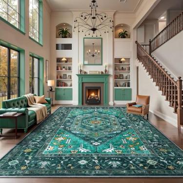 Imagem de SERISSA Tapetes laváveis, tapetes de área de 22 x 30,5 cm, grande, antiderrapante, boho, sala de estar, ultramacio, vintage, azul-petróleo, tribal, angustiado, para sala de jantar, quarto, dormitório