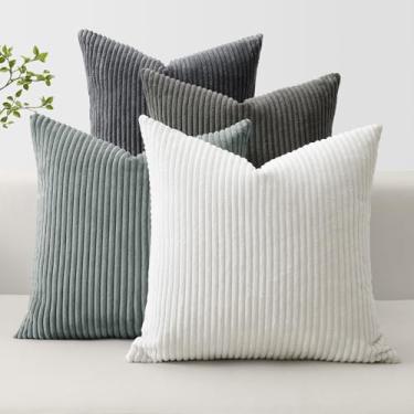 Imagem de OTOSTAR Conjunto de 4 capas de almofada decorativas modernas 61 x 61 cm de veludo cotelê macio Boho Farmhouse fronhas quadradas mistas e combinadas para decoração de sofá de casa (cinza)