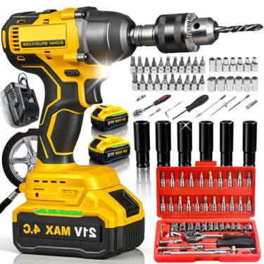 Imagem de Chave de Impacto Brushless 21V 400Nm Sem Fio com 2 Baterias 46 Peças Jogo de Soquetes Catraca e Acessórios Kit Automotivo Recarregável Alta Potência 1 2 Polegada LED