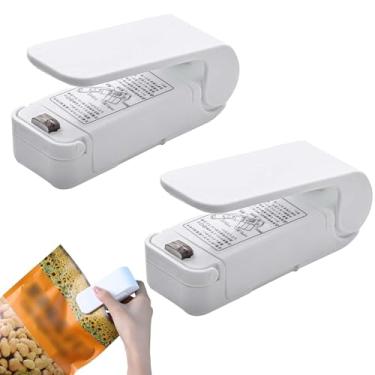 Imagem de LiXiongBao Pacote com 2 mini seladores portáteis a vácuo a vácuo a quente mini máquina de selagem de pressão manual máquina de vedação de calor seladora de saco plástico portátil mini selador de alimentos para sacos plásticos armazenamento econômico de alimentos (branco)