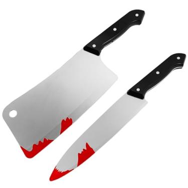 Imagem de EaciTown 2 Pcs Fake Bloody Knife Halloween Horror Prop Plastic Meat Cleaver and Kitchen Knife Set Bloody Costume Dress Up Dagger 12”