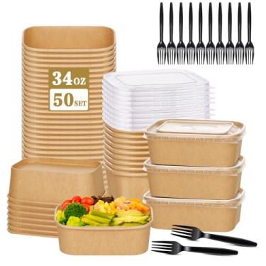 Imagem de DI QIU REN Pacote com 50 tigelas de papel de 1000 ml, recipientes descartáveis para alimentos com tampas e garfos, recipientes retangulares para preparação de alimentos, recipientes para viagem