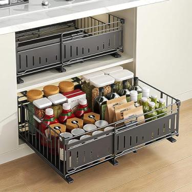 Imagem de Organizador removível embaixo da pia para armazenamento de armário de cozinha e banheiro - Gavetas expansíveis de metal (largura de 32,5 a 49,5 cm) adequado para ferramentas de cabelo, sacos de lixo