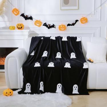 Imagem de Cobertor fantasma de Halloween 127 x 152 cm, cobertores decorativos de veludo ultramacio para todas as estações com fantasma bordado 3D, zíper oculto para inserção de edredom, cobertor aconchegante