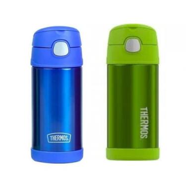 Imagem de KIT Garrafa Térmica Canudo Alça Thermos Inox 355ml, Azul, Verde