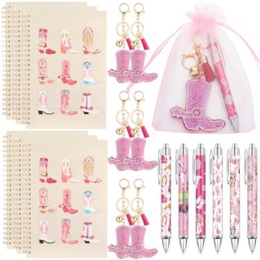 Imagem de Marspark 24 peças de presentes de vaqueira ocidental para mulheres, canetas esferográficas rosa preppy a granel, cadernos de cowgirl, chaveiros de cristal, bolsas de organza para formatura, presentes