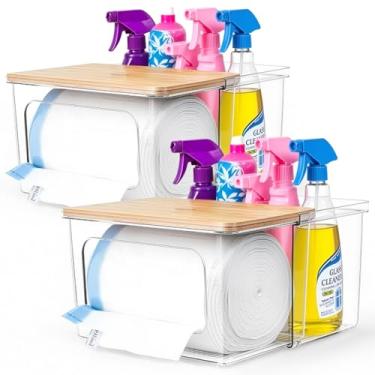 Imagem de Remerry 2 peças de suporte para saco de lixo, 2 em 1 sacos de lixo de plástico acrílico transparente com tampa de bambu grande organizador sob a pia caixa de armazenamento para cozinha, lavanderia
