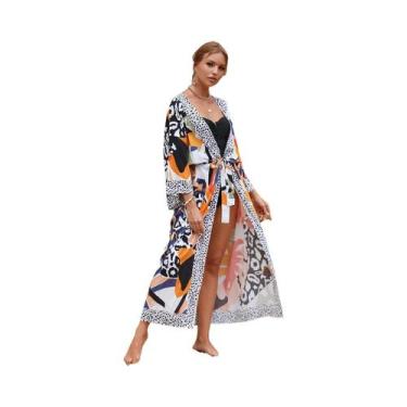 Imagem de Kimono Colorido Para Mulheres, Saída De Praia, Robe Longo Para Piscina