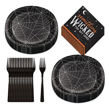 Imagem de Teias de aranha de festa de Halloween, pratos ovais de jantar de papel, guardanapos e garfos Something Wicked (serve 16)