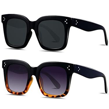 Imagem de ANDWOOD Óculos de sol grandes para mulheres, grande, quadrado, armação ampla, retrô, moderno, moderno, proteção UV, (Pacote com 2) preto + preto a leopardo, Large
