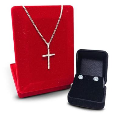 Imagem de Cordão Corrente 2mm Com Pingente Crucifixo Cruz Cravejado E Brinco Pon