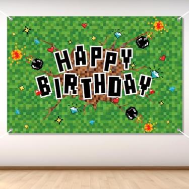 Imagem de Banner de Feliz Aniversário em Pixels, 150x100cm Decoração de Banner Aniversário com Tema Videogame para Crianças Suprimentos para Mesa Bolo