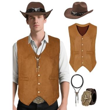 Imagem de CICOCO Roupas ocidentais cowboy fantasia masculina clássica colete cowboy chapéu bolo fantasia Holloween, Marrom escuro, GG