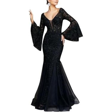 Imagem de Vestido De Noite Manga Longa Bordado De Renda Sereia Preto Slim Fit Maxi Vestido Para Casual Club Cocktail, Black, 3XL