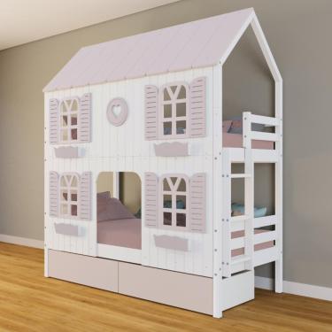 Imagem de Beliche Casinha Bela com Coração 2 Gavetas Rosa 4 Janelas Venezianas - Madeira Maciça Branco/Rosa | Housin