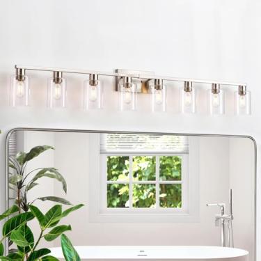 Imagem de 8 luminárias de níquel escovado, luminárias modernas de banheiro grandes com sombra de vidro transparente, resistente à ferrugem e à umidade, fácil de instalar, luzes de banheiro sobre o espelho