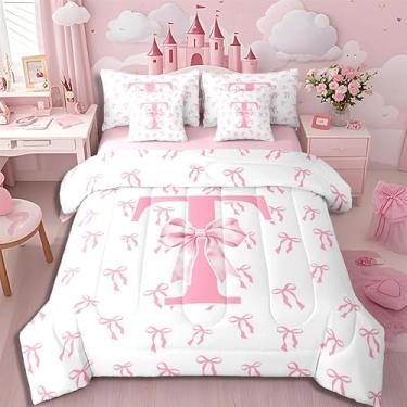 Imagem de Erosebridal Jogo de cama infantil com laço e laço de fita de solteiro, monograma de coquete, para crianças, mulheres, moderno, com laço de princesa, em uma bolsa, simples, com laço de aquarela e