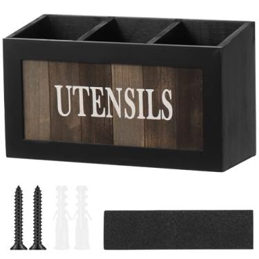 Imagem de Organizador de talheres de qualidade, suporte decorativo de utensílios de madeira com 3 compartimentos, economia de espaço, suporte de talheres de grande capacidade para cozinha, escritório, banheiro
