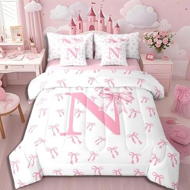 Imagem de Erosebridal Jogo de cama Queen com nó de borboleta e laço de 7 peças, com letra N, rosa, sonhador, para meninas e adolescentes, lençol com elástico e monograma, lençol de cima